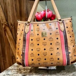 MCM Visetos Striped Tote Cognac Tote Bag EUC